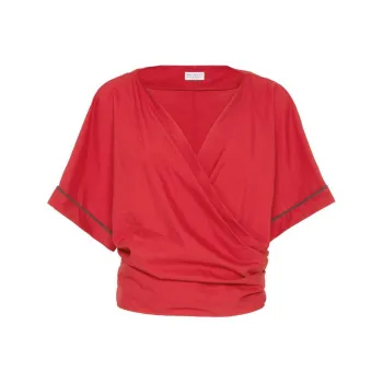 Brunello Cucinelli Shiny Trim Poplin Kimono Style Top