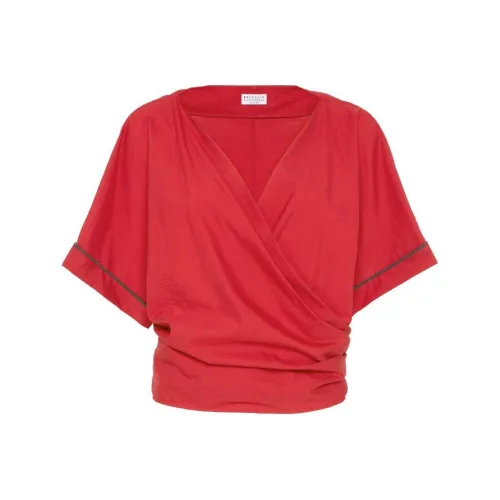 Brunello Cucinelli Shiny Trim Poplin Kimono Style Top