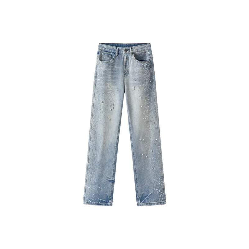 BLANC & ECLARE Firework Design Cool Washable Heavy Draped Button Floor Length Mid Rise Jeans Unisex Blue-0