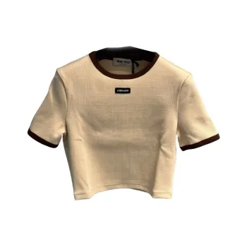 MIU MIU Logo Emblem Round Neck Cropped Short Sleeved T Shirt Women's Milk Tea Beige