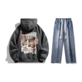 Clothing Set (Dark Gray Sweatshirt+Dark Blue Washed Jeans) (Fleece-Lined)