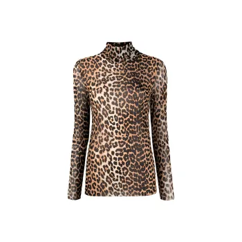 GANNI Printed Mesh Rollneck Sweater 'Leopard'