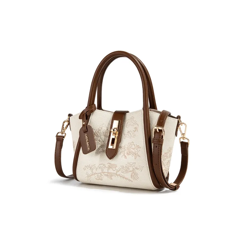 CAEISL&KCIEL Polyurethane With Synthetic Leather Basket Bag Handbag Women's Embroidered White/White & Coffee-2