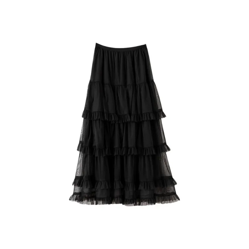Late White Casual Long Skirt Women's Black-1