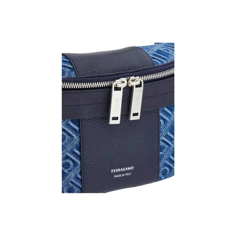 FERRAGAMO Fabric With Hammered Texture Calfskin Fanny Pack Women's Denim-4