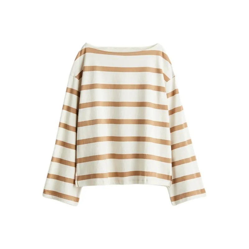 H&M T Shirt Women's White/Beige Stripes-0