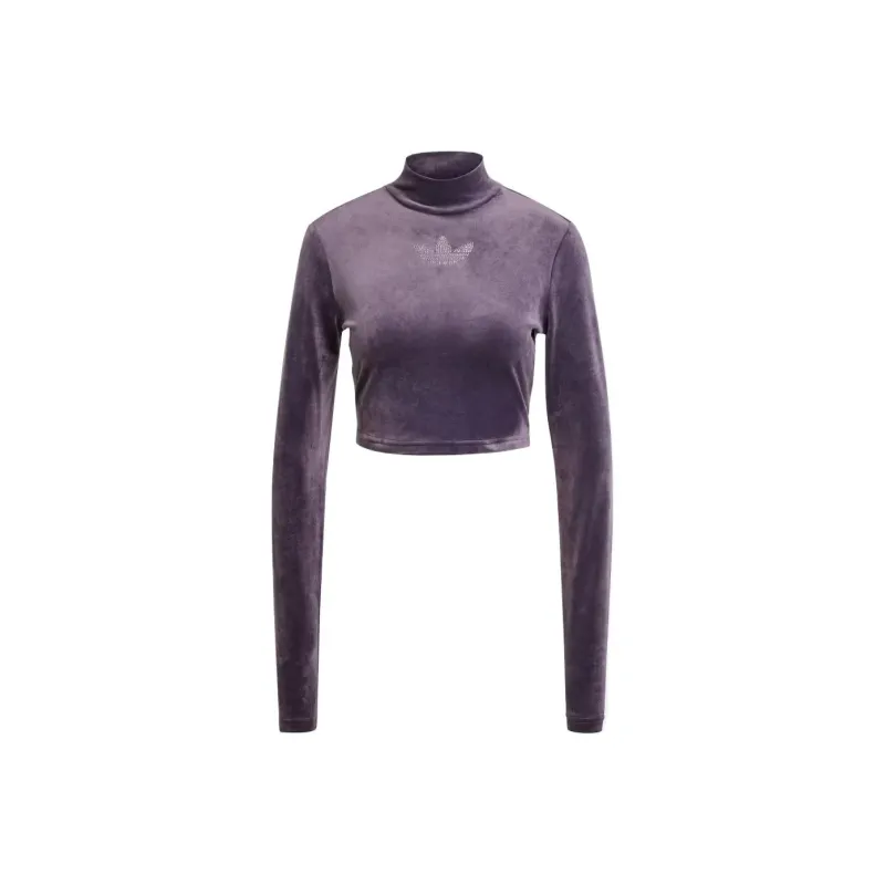 Adidas Women's Long Sleeve Rhinestone Trefoil Velvet Crop Top Aurora Black-0