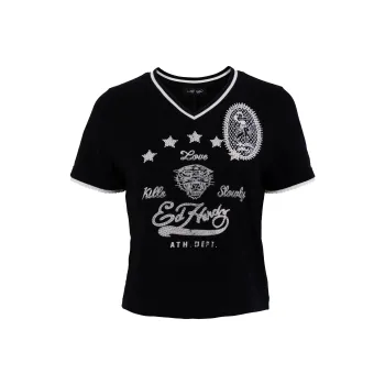 Ed Hardy Pyrography Embroidery Logo Casual Short Sleeved Set T Shirt Women's Black