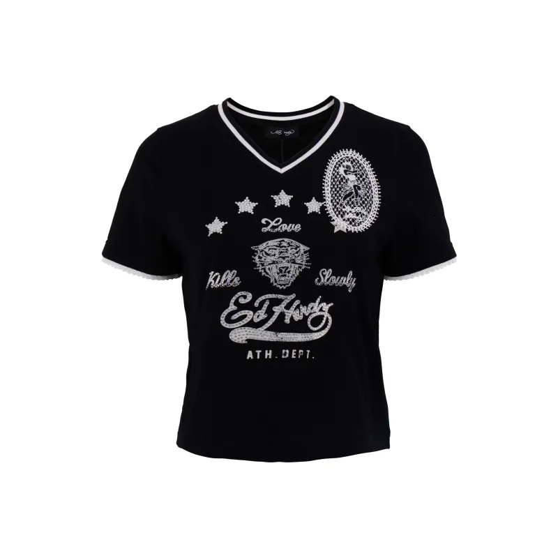 Ed Hardy Pyrography Embroidery Logo Casual Short Sleeved Set T Shirt Women's Black-0