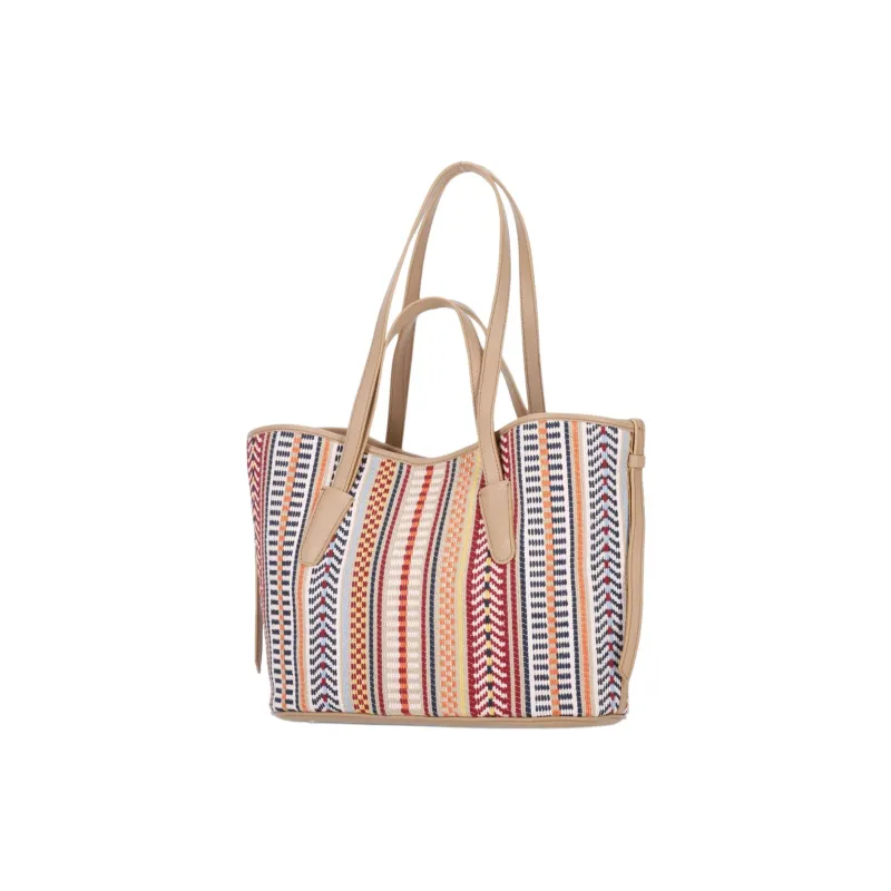 COCCINELLE Cotton Tote Bag, Shopping Bag, Shoulder Bag, Handbag Women's Beige & Blue-2
