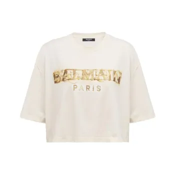 BALMAIN Cropped Metallic Print T Shirt 'Multicolor/Brown'