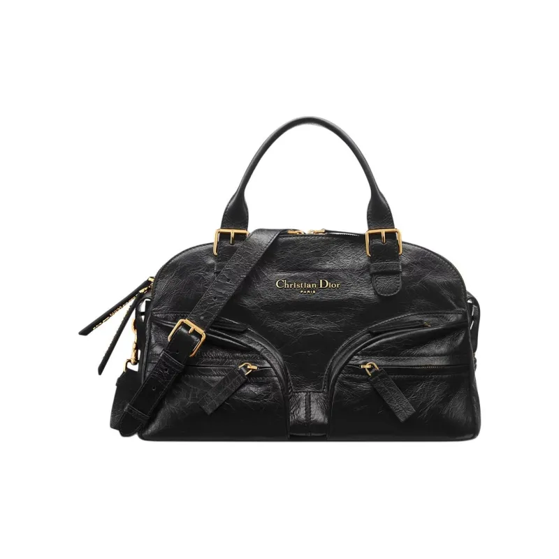 DIOR Cow Leather Bowling Bag, Shoulder Bag, Crossbody Bag, Handbag Medium Size Women's Black-0