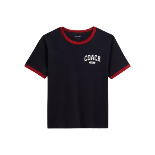 COACH Color Block Trim Crew Neck Short Sleeved T Shirt Women's Black