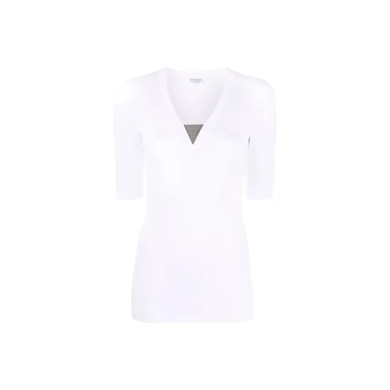 Brunello Cucinelli Monili Chain Embellished V Neck T Shirt-0