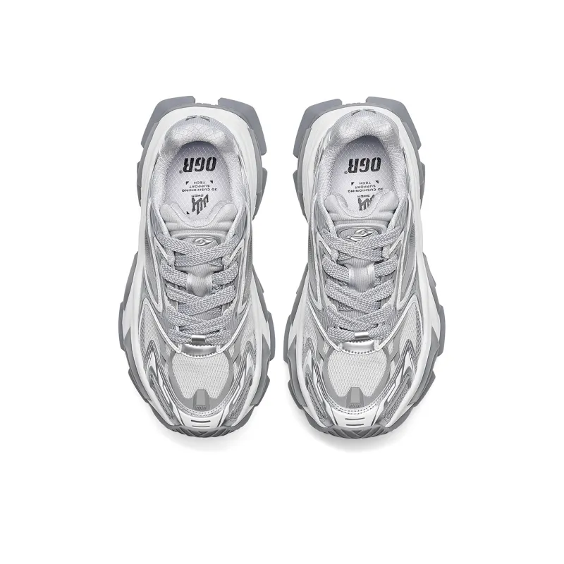 OGR Cushioning, Slip Resistant, Abrasion Resistant, Height Increasing Low Top Chunky Sneakers Unisex White Silver-5