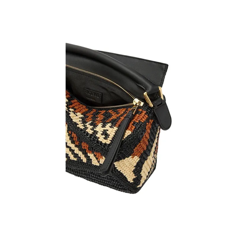 LOEWE Puzzle Raffia With Cow Leather Shoulder Bag, Crossbody Bag, Handbag Small Size Women's Black & Honey Gold-7
