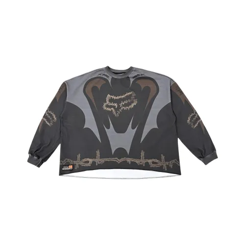 T-shirt a maniche lunghe in jersey di cotone grigio tortora con motivo a righe blu all-over