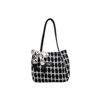 Morellybear Fabric Tote Bag, Shoulder Bag Women's Plaid Black/Ecru