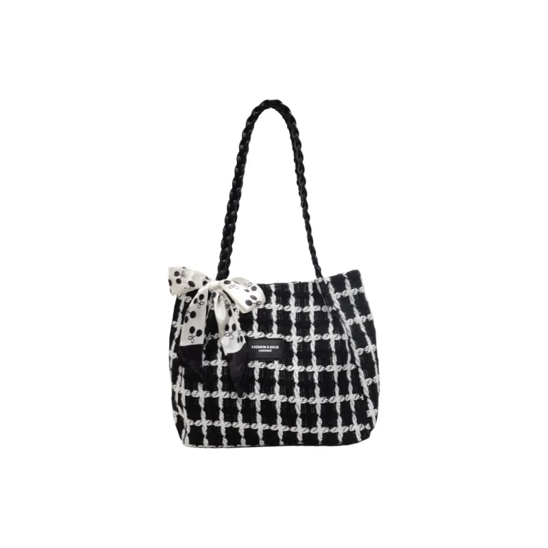 Morellybear Fabric Tote Bag, Shoulder Bag Women's Plaid Black/Ecru-0