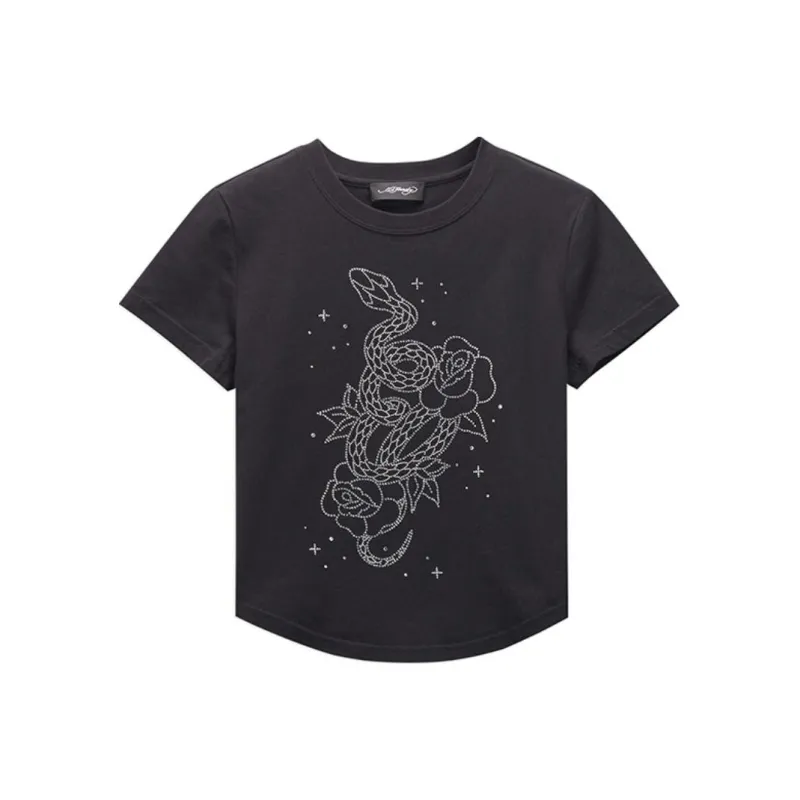 Ed Hardy Vintage Laser Diamond Slim Fit Casual Crew Neck Short Sleeved T Shirt Women's Black-0