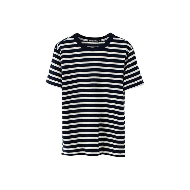SOON FLOWER Summer T Shirt Women's Blue White Stripes-0