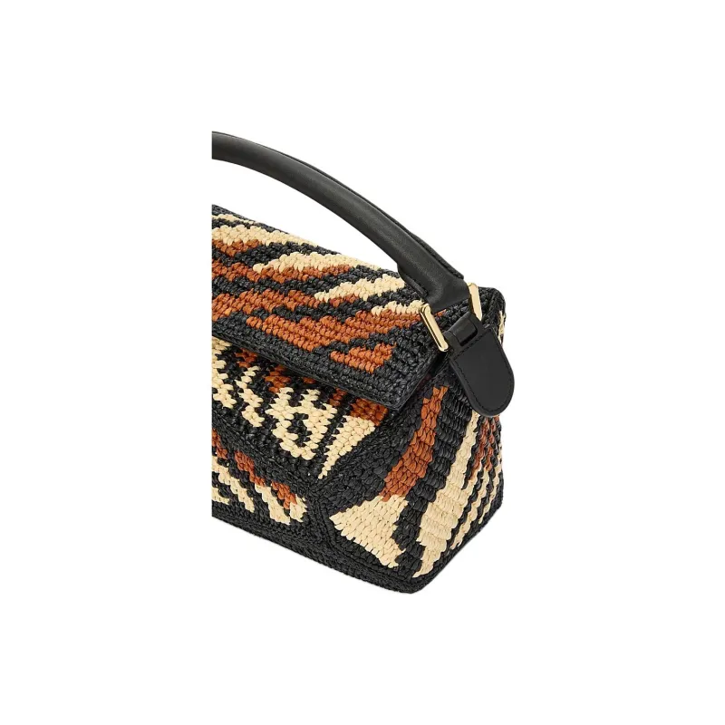 LOEWE Puzzle Raffia With Cow Leather Shoulder Bag, Crossbody Bag, Handbag Small Size Women's Black & Honey Gold-6