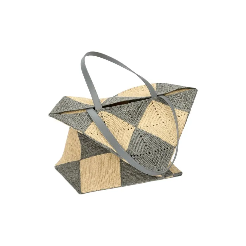 LOEWE Puzzle Fold Raffia Shopping Bag, Shoulder Bag Extra Large Men's Gray & Beige-2