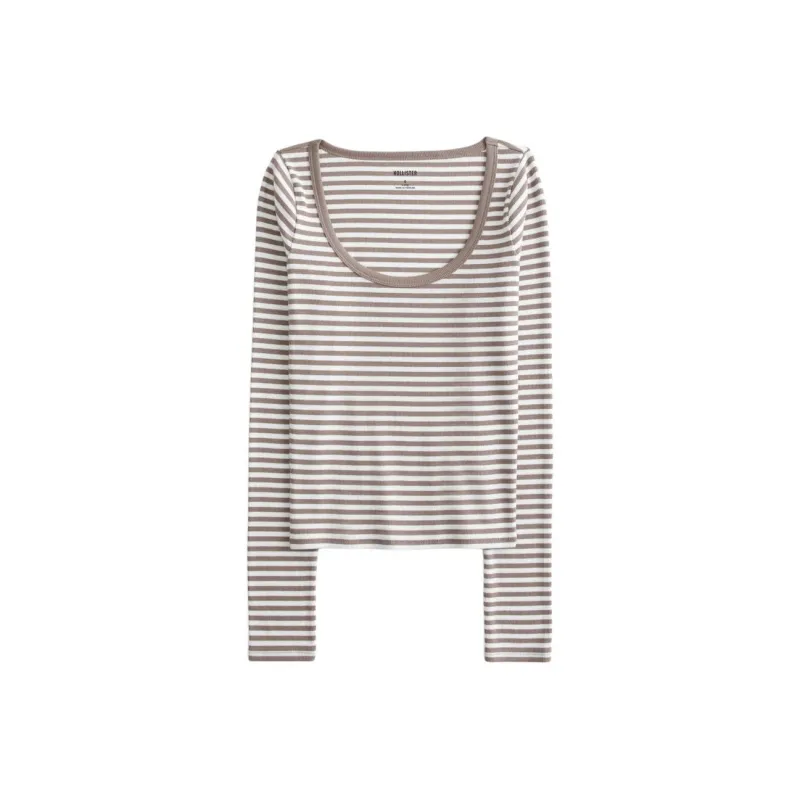 Hollister T Shirt Women's Gray White Stripes-0
