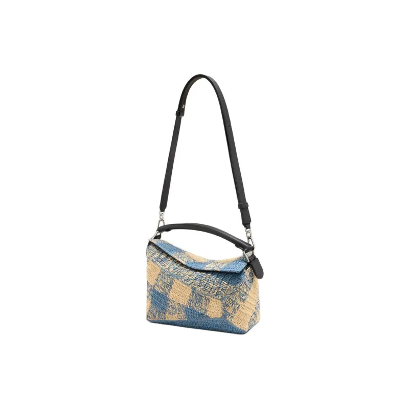 LOEWE Puzzle Raffia One Shoulder Handbag Trumpets Women's Light Blue & Beige-1