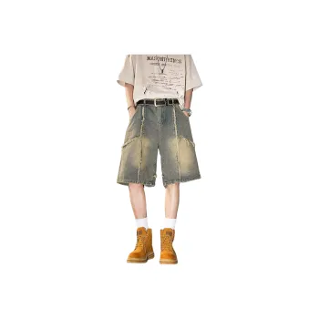 PAINT STAIN Denim Shorts Unisex Vintage Yellow Mud Tone