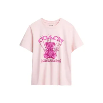 COACH Solid Color Crew Neck Bear Pattern Short Sleeved Regular T Shirt Women's Pink