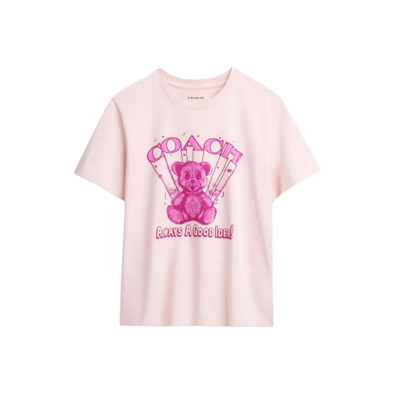 COACH Solid Color Crew Neck Bear Pattern Short Sleeved Regular T Shirt Women's Pink-0