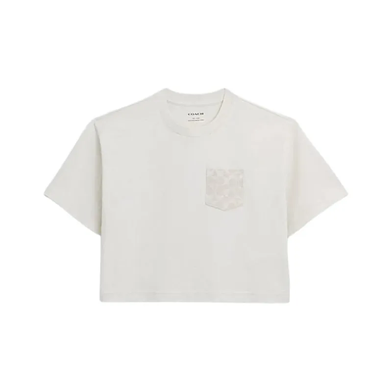 COACH Solid Color Crew Neck Pullover Cropped Short Sleeved T Shirt Women's White-0