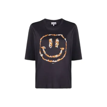 GANNI Light Cotton Jersey Floral Smiley O neck Mid Sleeve T Shirt 'Phantom'