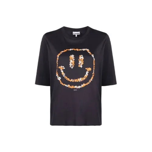 GANNI Light Cotton Jersey Floral Smiley O neck Mid Sleeve T Shirt 'Phantom'