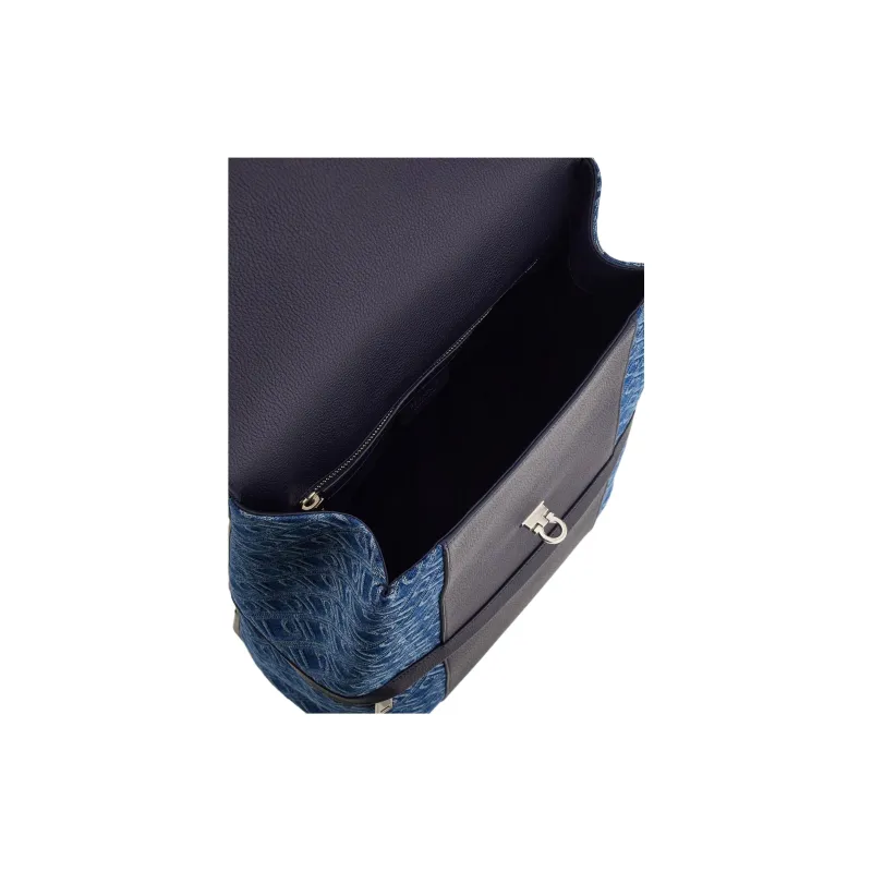 FERRAGAMO Fabric With Cow Leather Backpack Men's Denim Blue-4