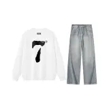 White Sweatshirt+Light Blue Denim Pants