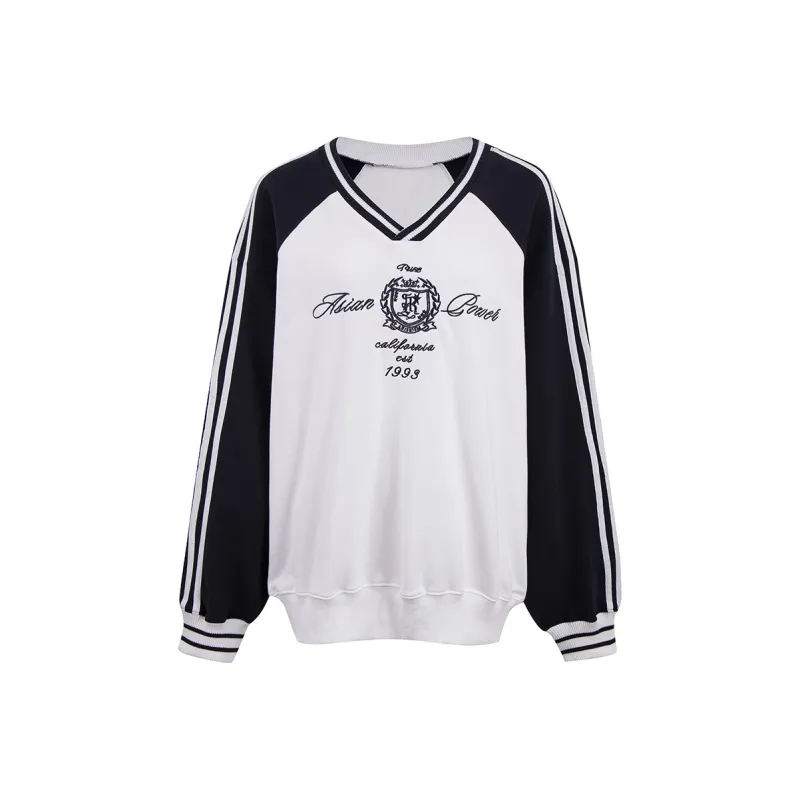 Ariseism Regular Color Block V Neck Jersey Style Long Sleeved T Shirt, Fall Upper Width Loose Fit Women's-0