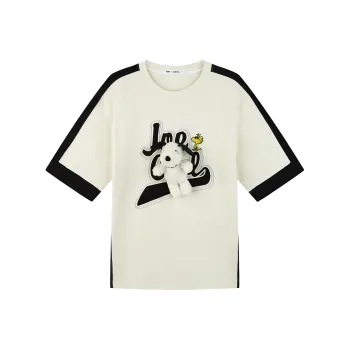 FUN X Snoopy Cartoon Doll Crew Neck Pullover Loose Fit Versatile Short Sleeved T Shirt Women's White Tea