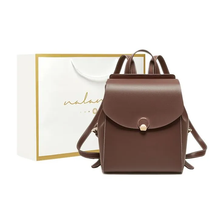 Narandu Cow Leather With Synthetic Leather Backpack Large Size Women's White & Coffee/Coffee-0