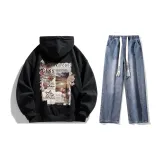 Clothing Sets (Black Sweatshirt+Dark Blue Washed Jeans) (Fleece-Lined)