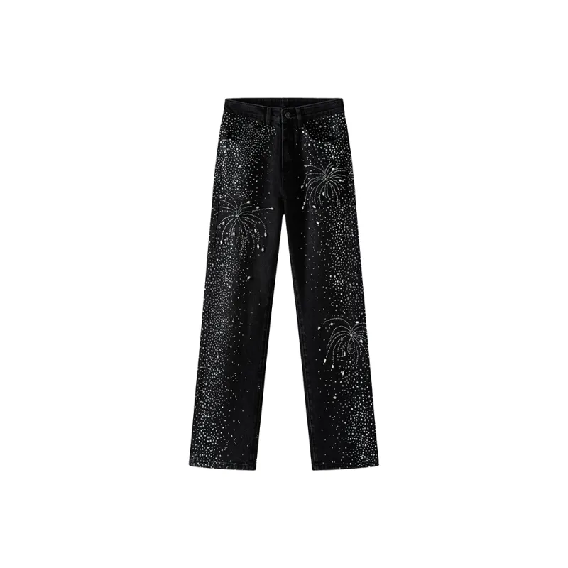BLANC & ECLARE Firework Design Cool Washable Heavy Draped Button Floor Length Mid Rise Jeans Unisex Blue-5