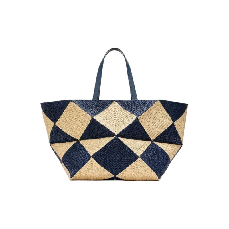 LOEWE Puzzle Fold Raffia Shopping Bag, Shoulder Bag Extra Large Men's Beige & Blue-2