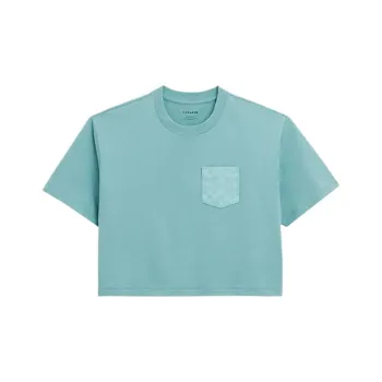COACH Solid Color Crew Neck Cropped Short Sleeved T Shirt Women's Turquoise