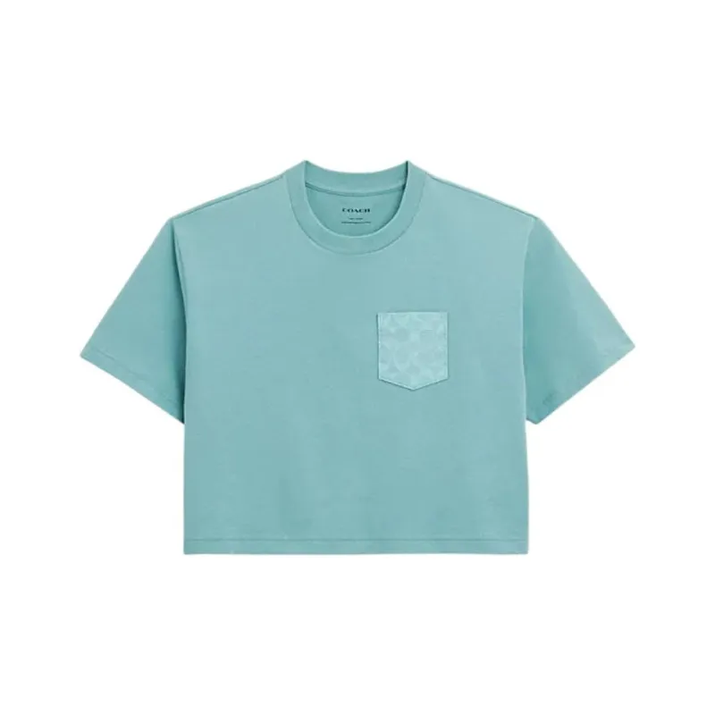 COACH Solid Color Crew Neck Cropped Short Sleeved Shirt T Shirt Women's Blue Green-0