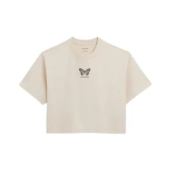 COACH Butterfly Print Cropped Crew Neck Short Sleeved T Shirt Women's Steam Color