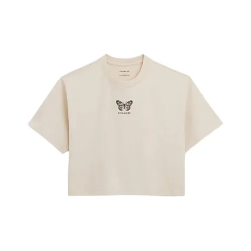 COACH Butterfly Print Cropped Crew Neck Short Sleeved T Shirt Women's Steam Color