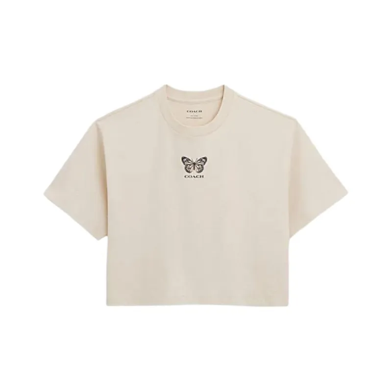 COACH Butterfly Print Cropped Crew Neck Short Sleeved T Shirt Women's Steam Color-0