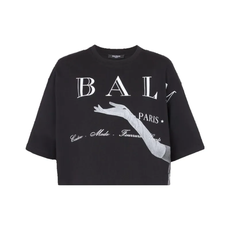 BALMAIN Jolie Madame Print Cropped T Shirt 'Black/Multicolor Grey'-0