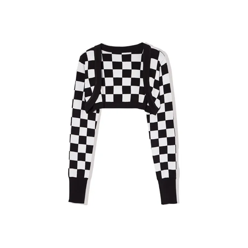LA CRAWFISH Crop Tops Women's Black White Plaid-0